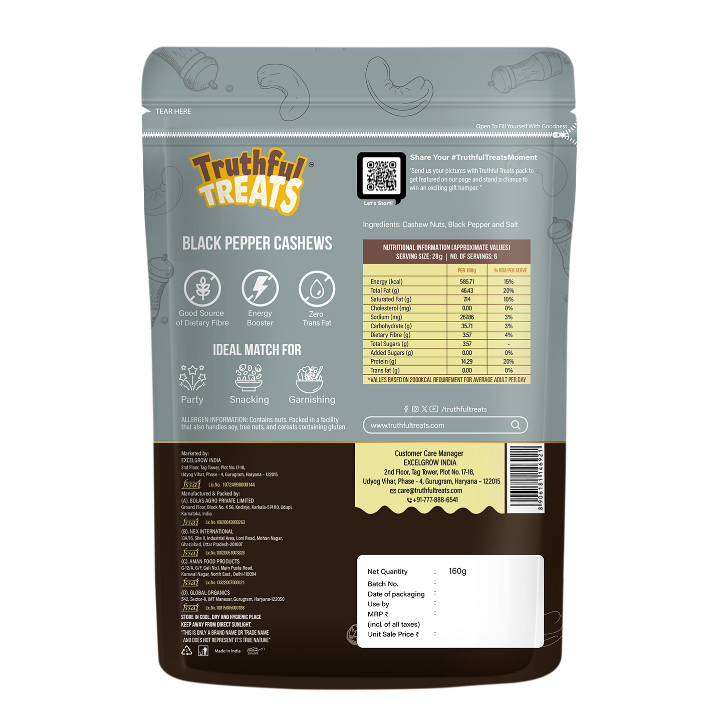Truthful Treats Cashews with Black Pepper – Nutrition Facts