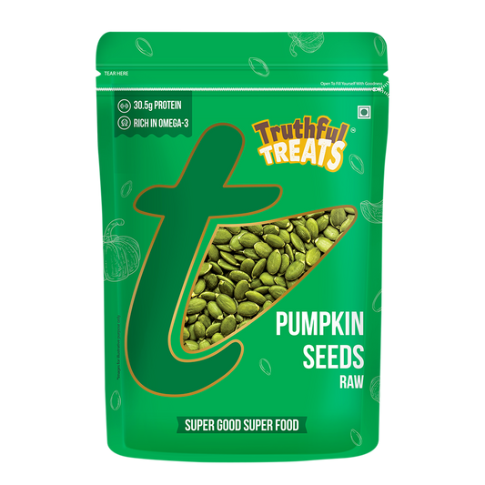 Pumpkin Seeds 200gm healthy snack – angled pack shot, green packaging
