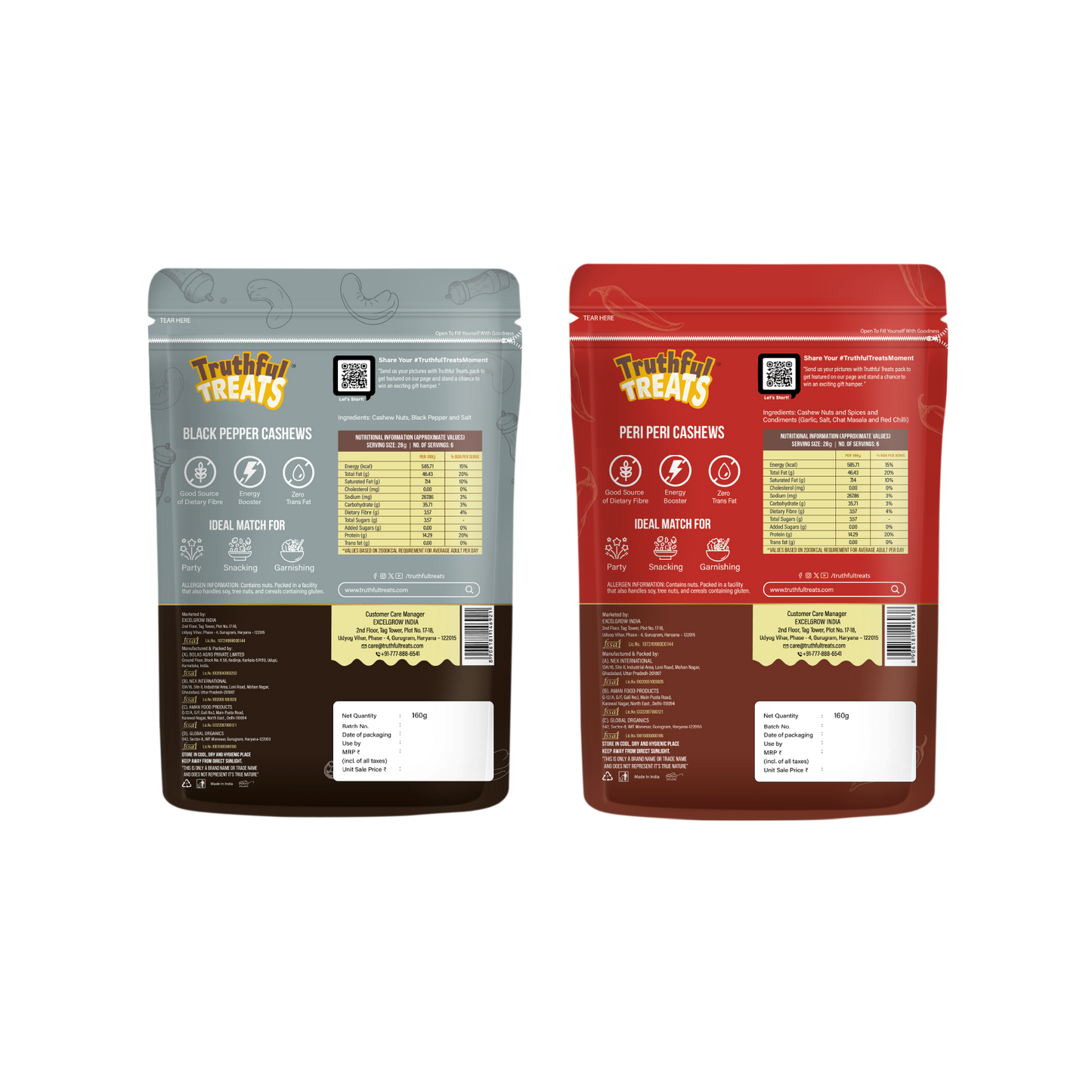Back of Peri Peri & Black Pepper Cashews 320gm pack – nutrition details