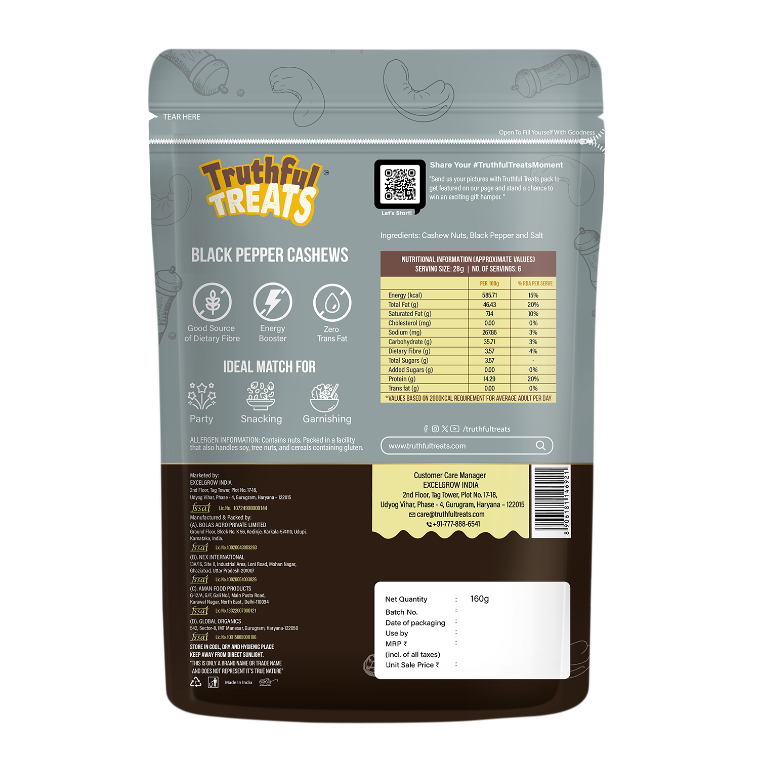 Truthful Treats Cashews with Black Pepper – Nutrition Facts
