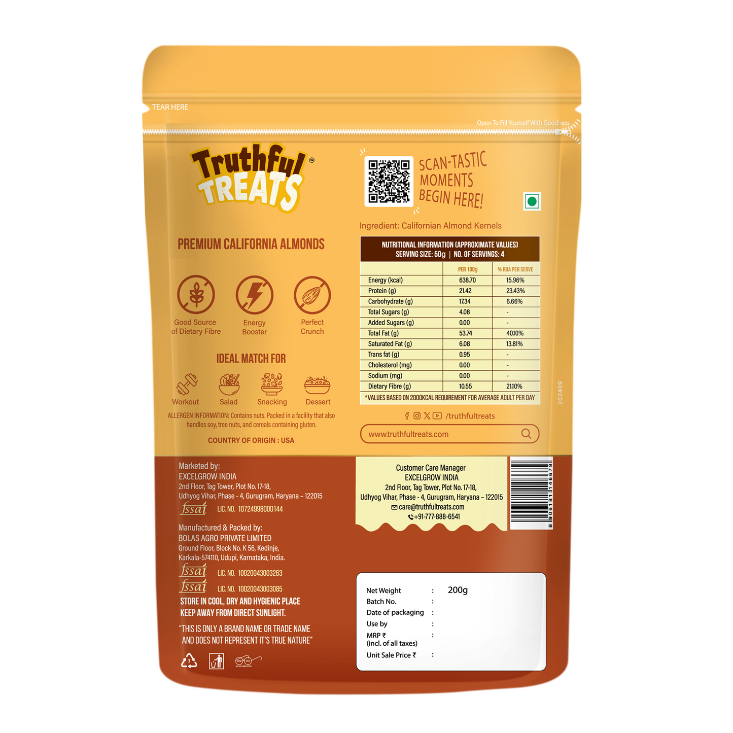 California Almonds Back Packaging with Nutrition Info