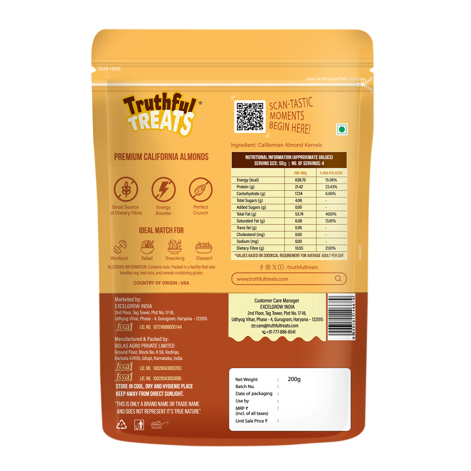 California Almonds Back Packaging with Nutrition Info
