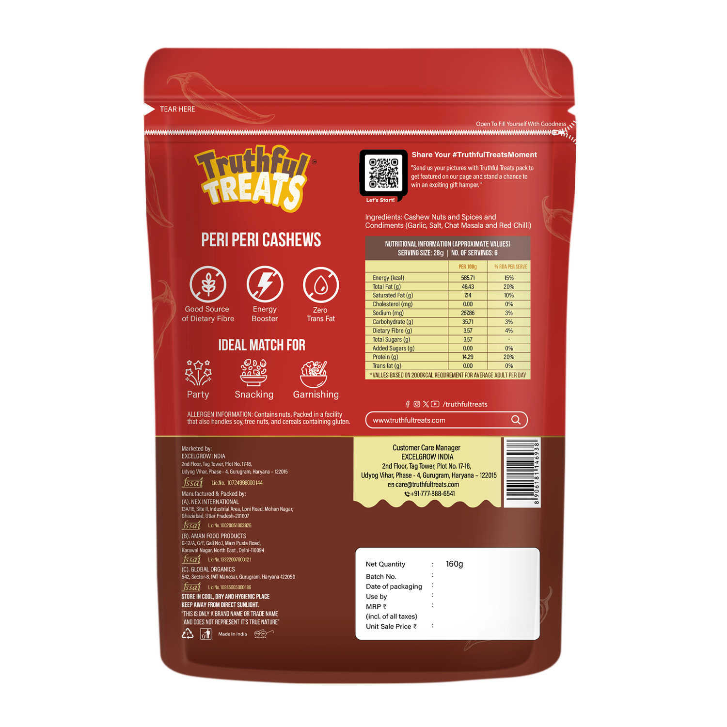 Peri Peri Cashews Nutrition Label – Truthful Treats