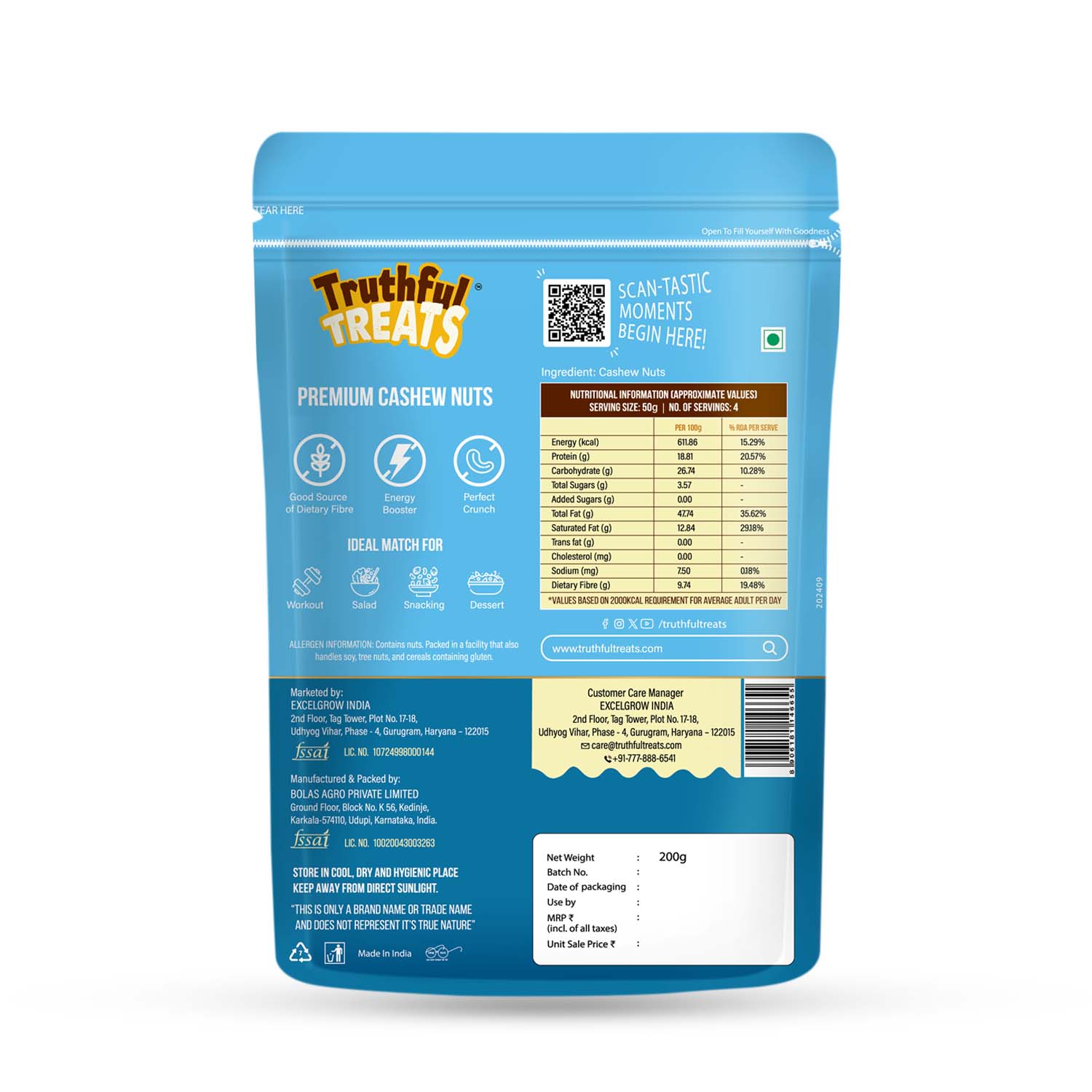 Truthful Treats Cashew Pack – Nutritional Information and Ingredients on Back Label