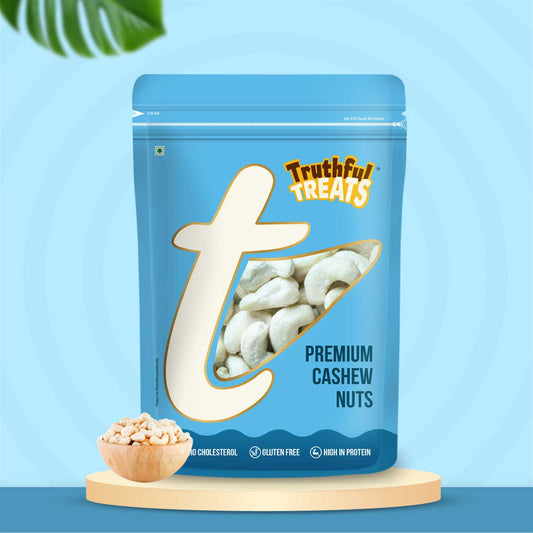 Premium Cashew Nuts 500gm pack – front view, crunchy handpicked cashews
