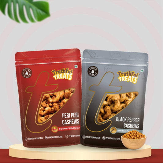 Peri Peri and Black Pepper Cashews 320gm pack – front view roasted cashews
