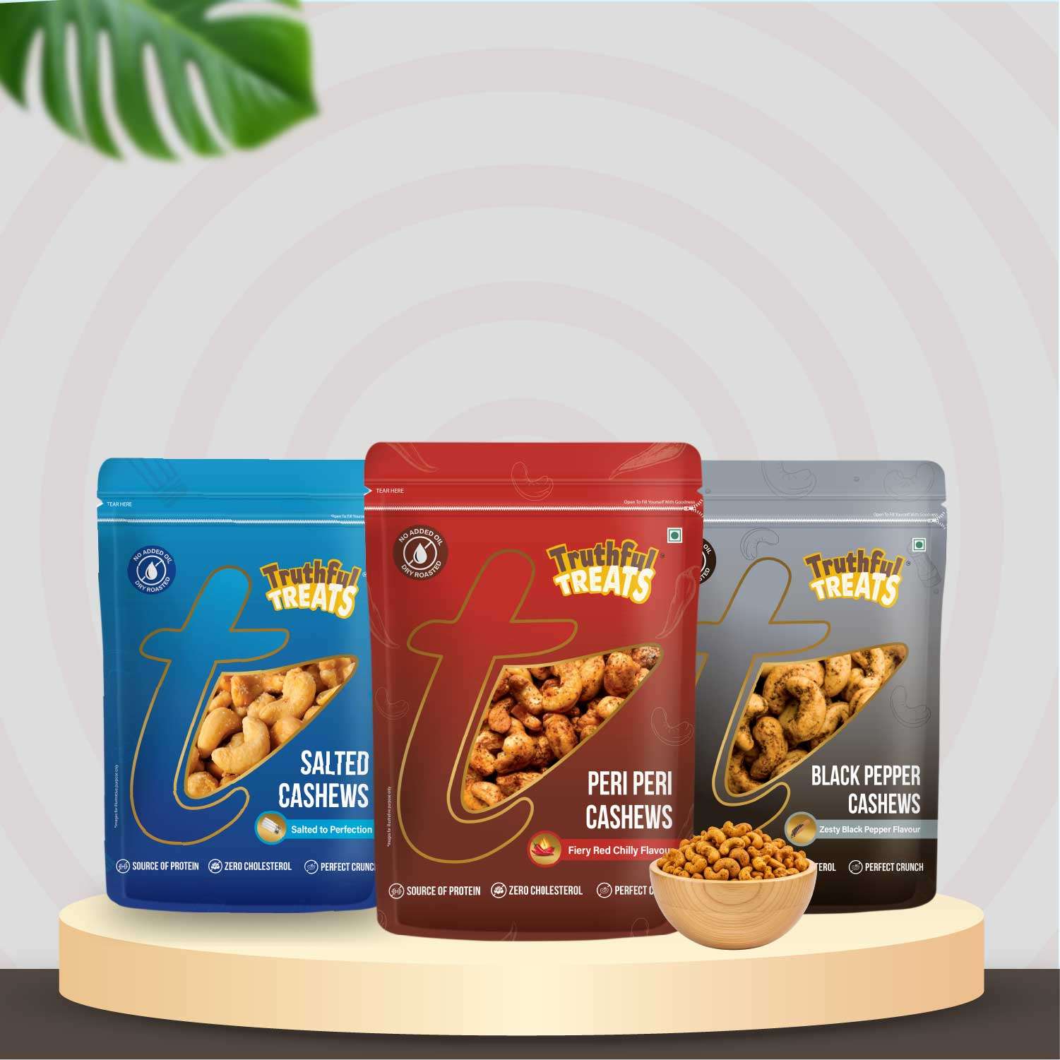 Cashew Nuts Combo pack 480gm – Peri Peri, Black Pepper & Salted Cashews front view