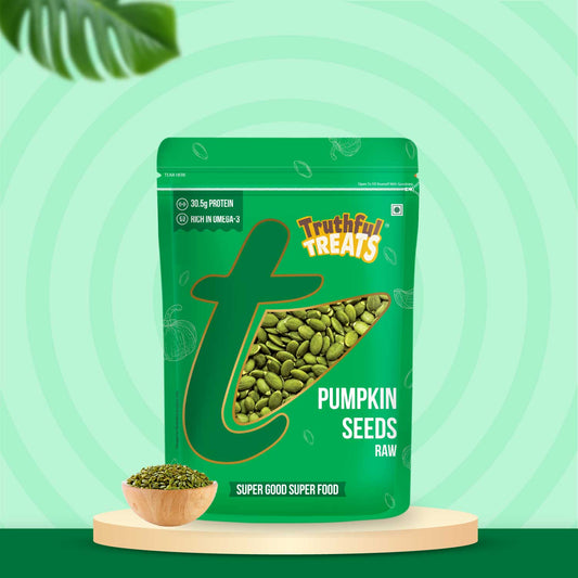 Truthful Treats Pumpkin Seeds 200gm pack – front view, raw premium seeds