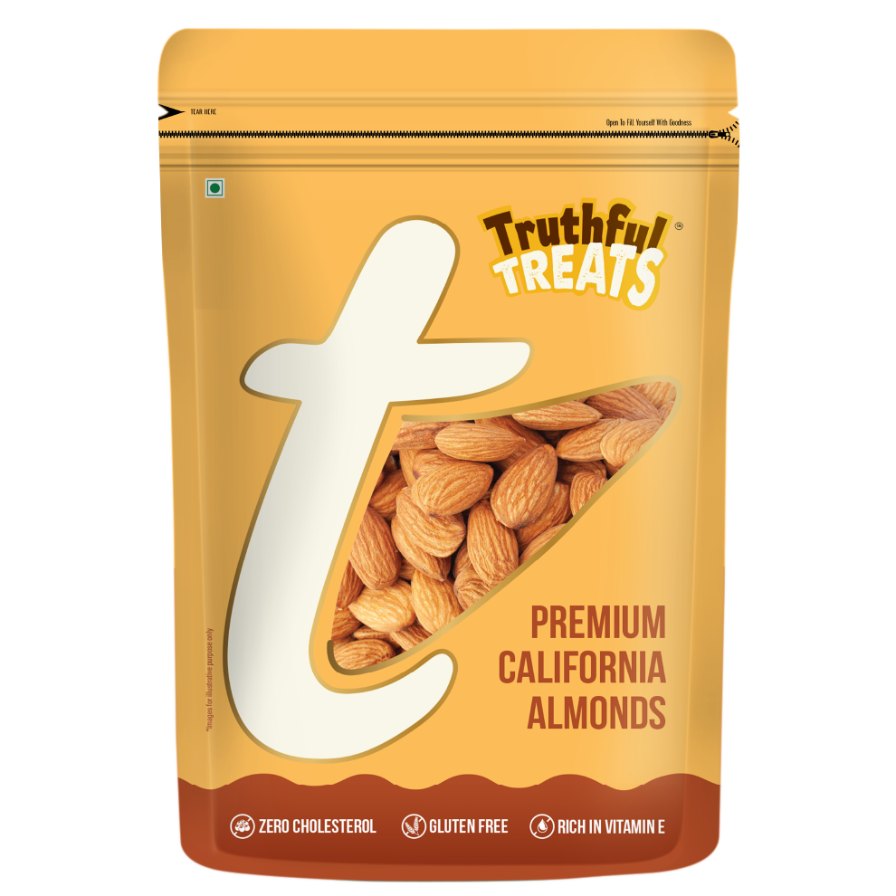 California Almonds 500gm – angled pack shot, bold crunchy almonds