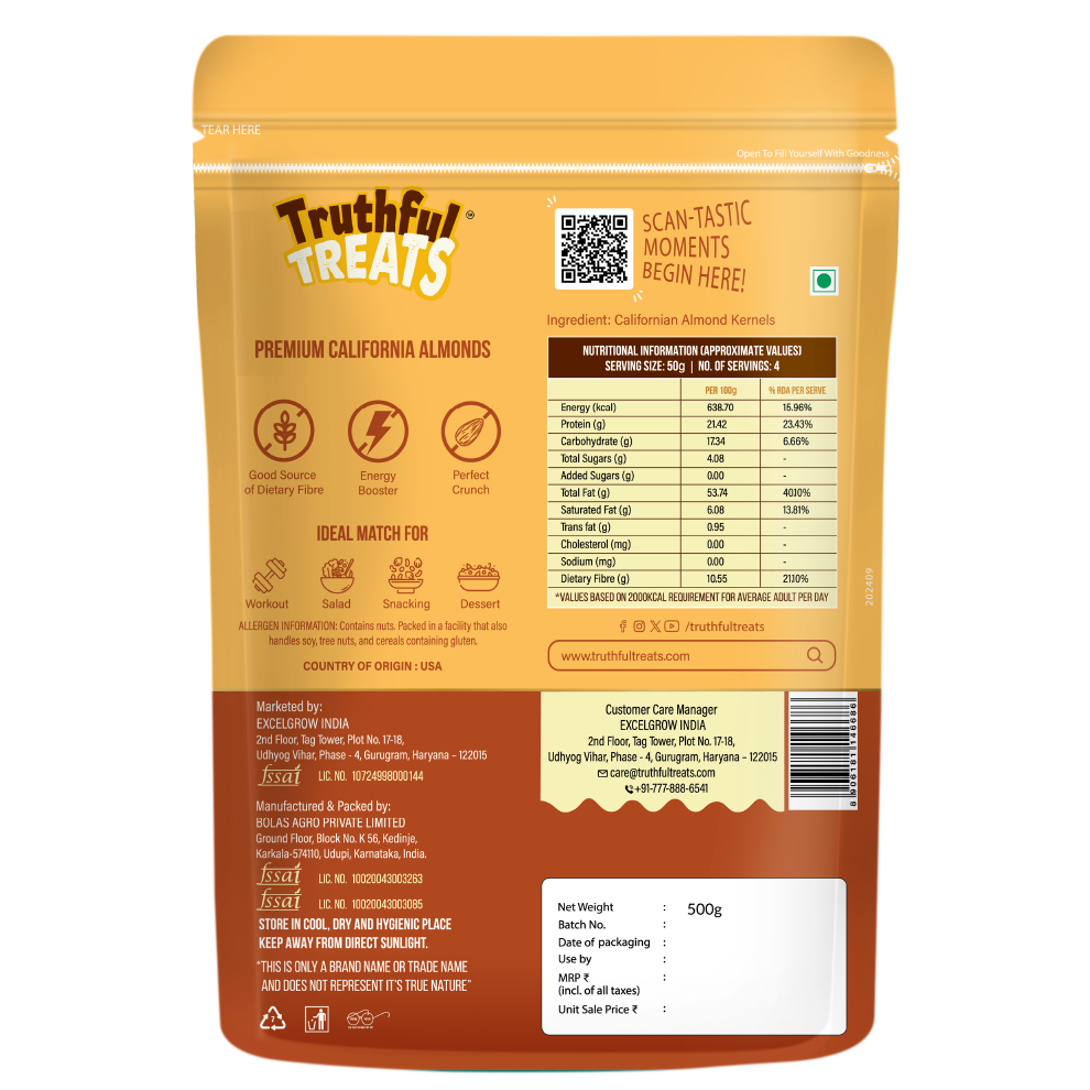 Back of California Almonds pack – nutrition facts & product details