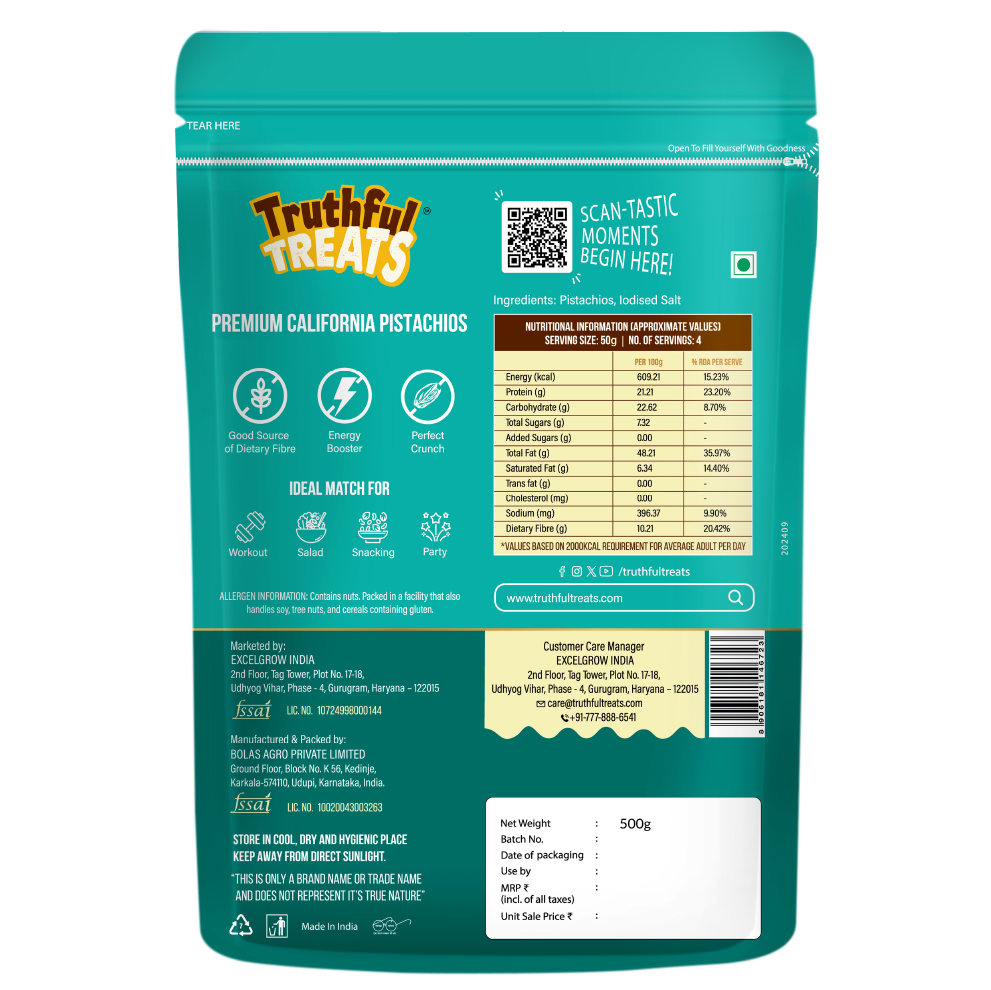 Back of Premium California Pistachios pack – ingredients and nutrition facts