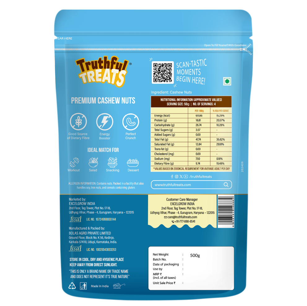 Back of Premium Cashew Nuts pack – nutrition facts & product details
