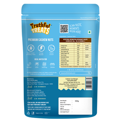 Back of Premium Cashew Nuts pack – nutrition facts & product details