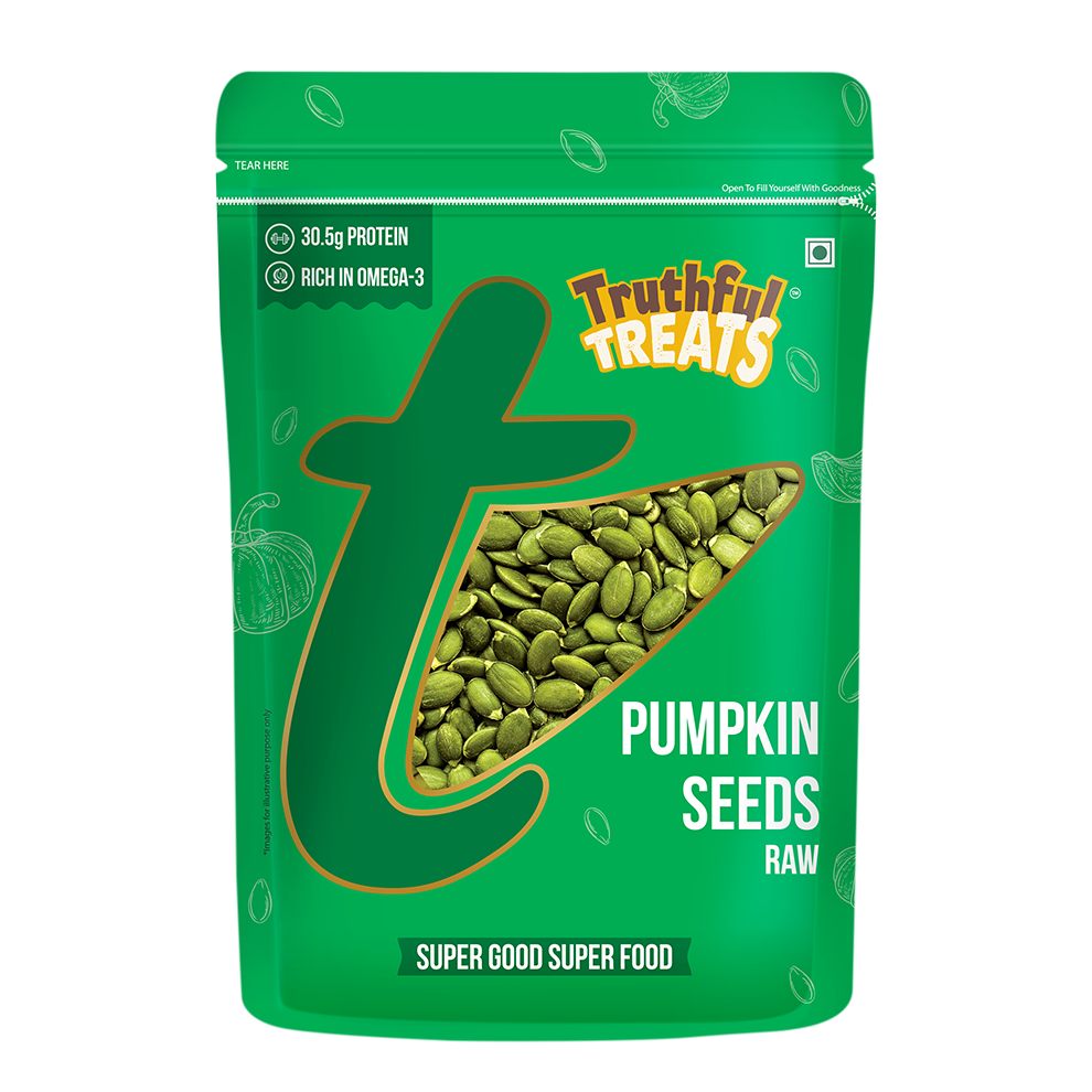 Pumpkin Seeds 200gm healthy snack – angled pack shot, green packaging