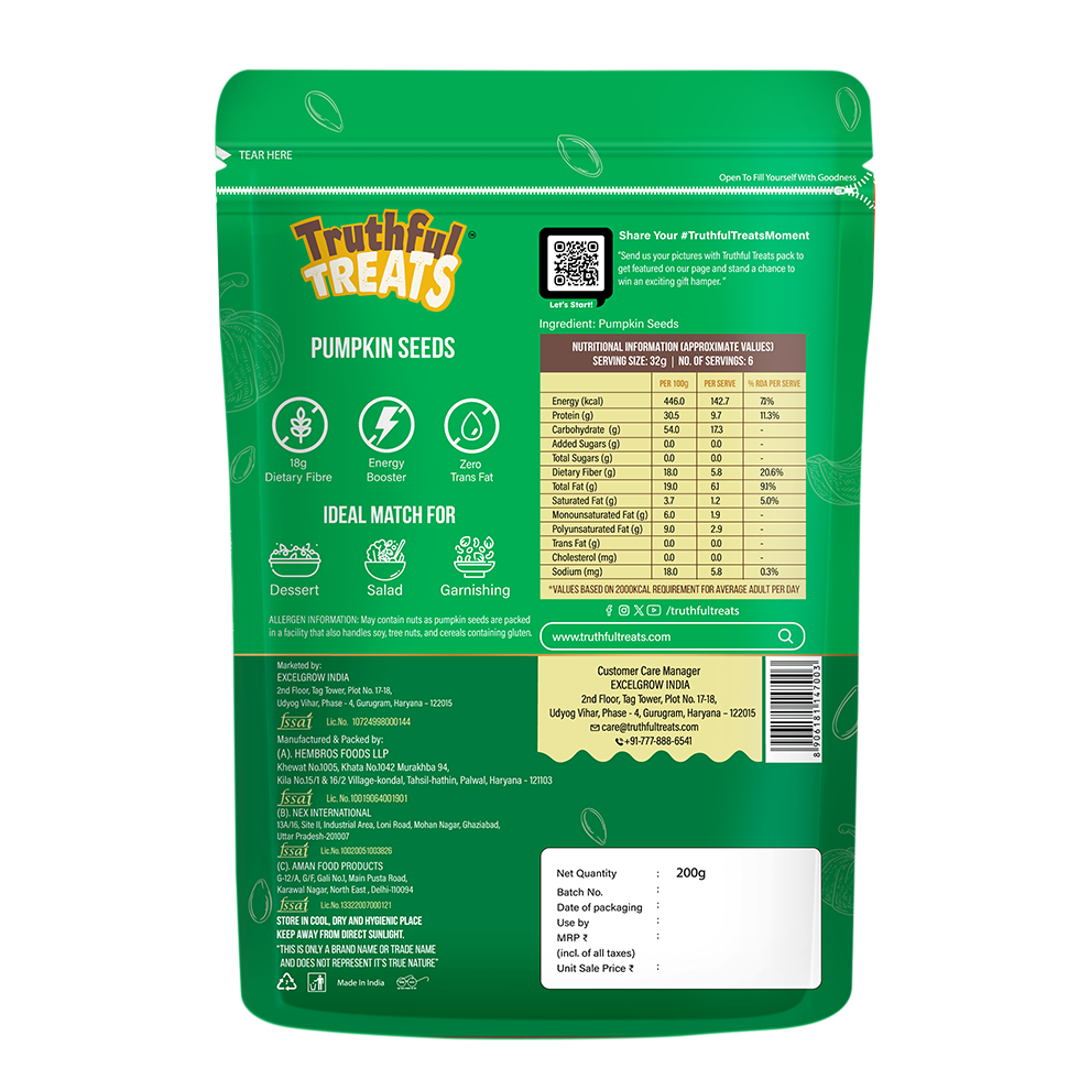 Back of Pumpkin Seeds 200gm pack – nutrition facts and product details