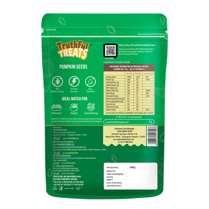 Back of Pumpkin Seeds 200gm pack – nutrition facts and product details