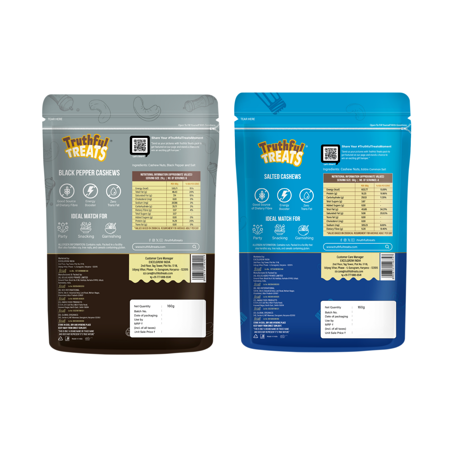 Black Pepper Cashews & Salted Cashews – back packaging with product details