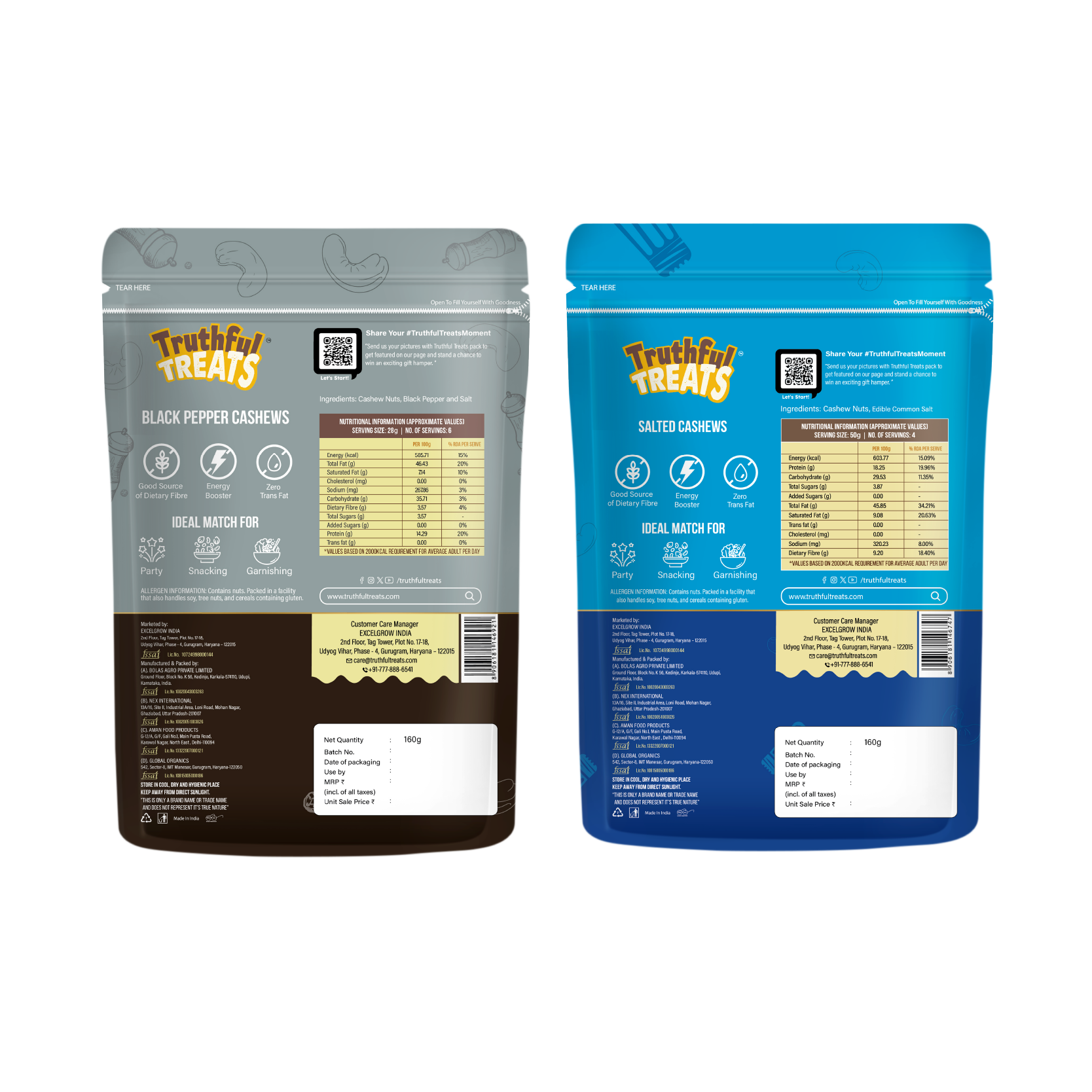 Black Pepper Cashews & Salted Cashews – back packaging with product details
