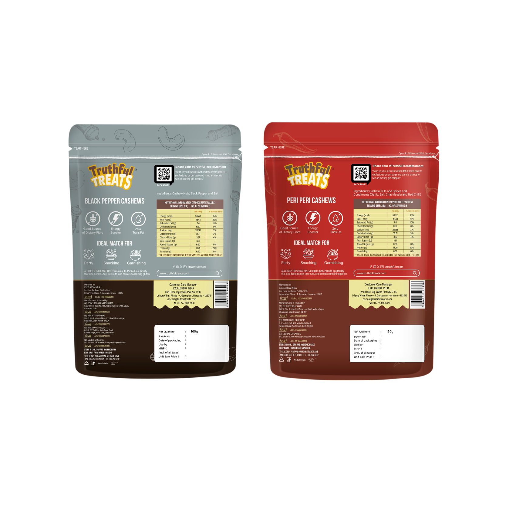Back of Peri Peri & Black Pepper Cashews 320gm pack – nutrition details
