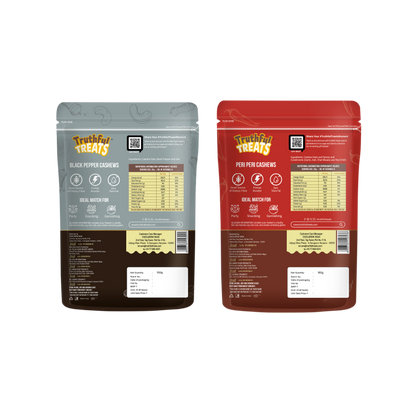 Back of Peri Peri & Black Pepper Cashews 320gm pack – nutrition details